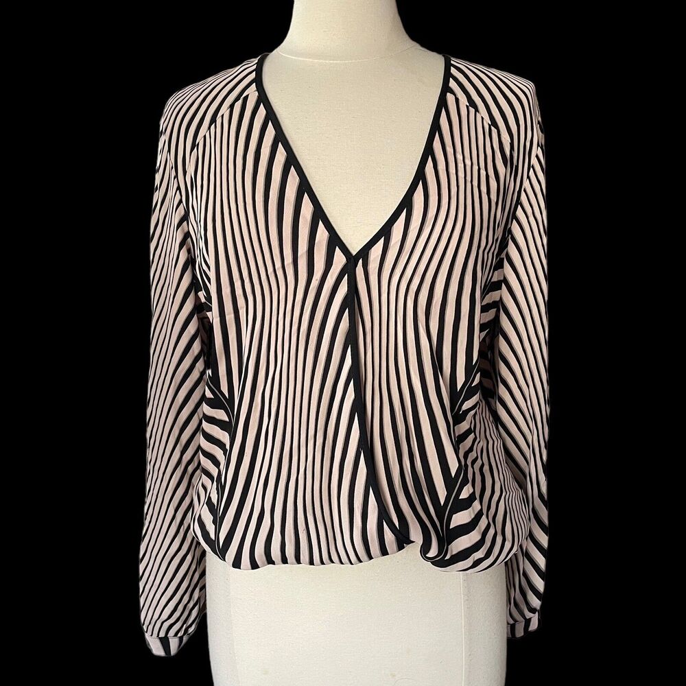 Karina Grimaldi Wrap Blouse Sz S Womens Striped Long Sleeve Top Wrap Black Beige